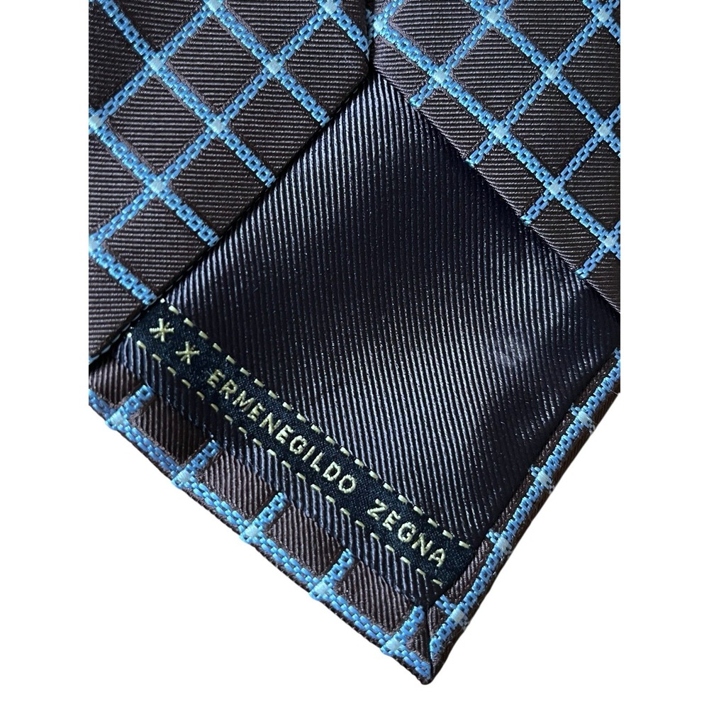 ERMENEGILDO ZEGNA 100% Silk Necktie ITALY Geometric Diamond Grid Blue/Brown 54" - Picture 2 of 5